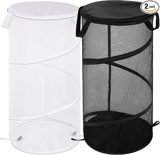 BATTOO 2 Pack Collapsible Laundry Basket with Lid Foldable Mesh Pop Up Hamper with Handles for Laundry Room, Bathroom, Kids Room, College Dorm, Travel, Storage Organizer Black+White