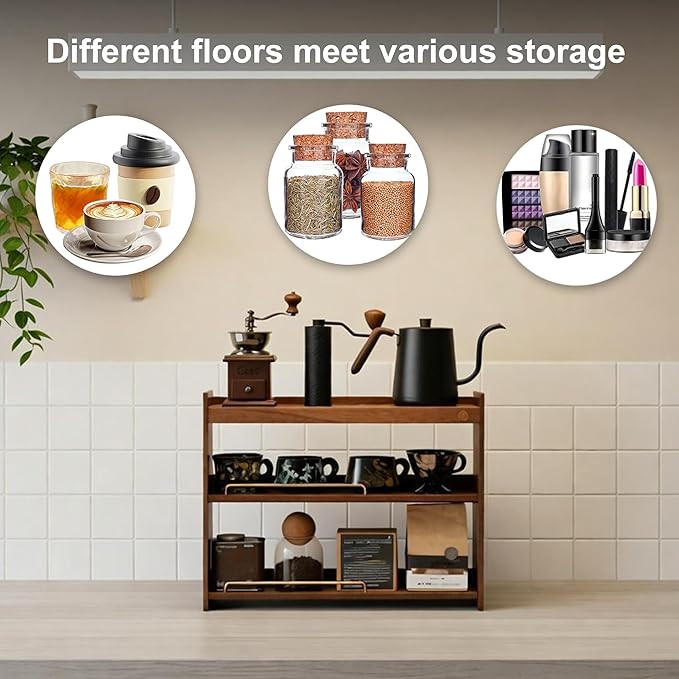 Wooden Cup Holder 3 Tier Walnut Wooden Shelf Organizer Coffee Station Organizer for Kitchen Home