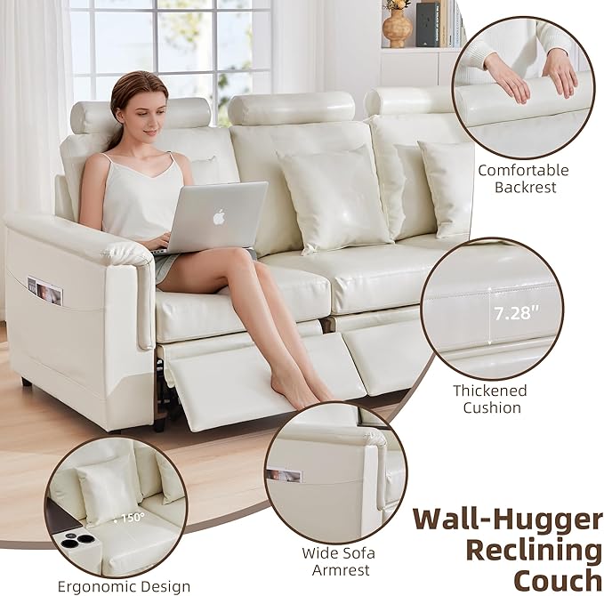 LEVNARY 3-Seater Modular Reclining Sofa, Upholstered Faux Leather Power Recliner Couch with 3 Electric Seats, 3 Pillows & Side Pockets, Adjustable Back & Footrest, Living Room Furniture (White)