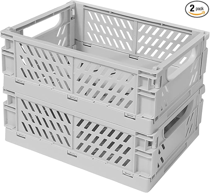 Tobeso-Nuoze Pastel Plastic Storage Baskets 2 Pack, Collapsible Crates for Organizing, Space-Saving Bins for Kitchen, Office, Bedroom (Grey, Medium:9.8" x 6.5" x 3.8")