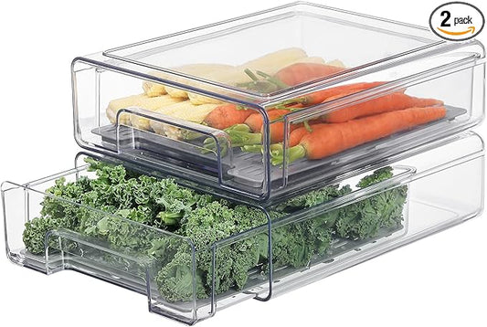 Pull Out Clear Fridge Organizer Drawers with Drainer, Refrigerator Stackable Storage Bins for Kitchen Fruit & Veggie Organization (2PCS, Medium)