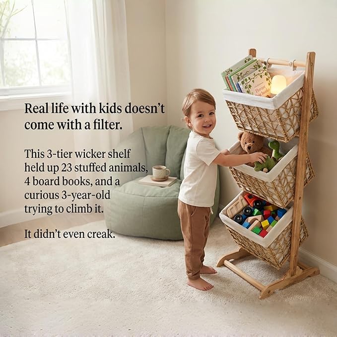 3-Tier basket stand Woven Floor Shelf Stackable Baskets, Multi-story wicker Storage Organizer,Multipurpose Rattan Rack for Bedroom Living Room Kitchen, Holds Toys Books Cans, Bohemian Home Decor