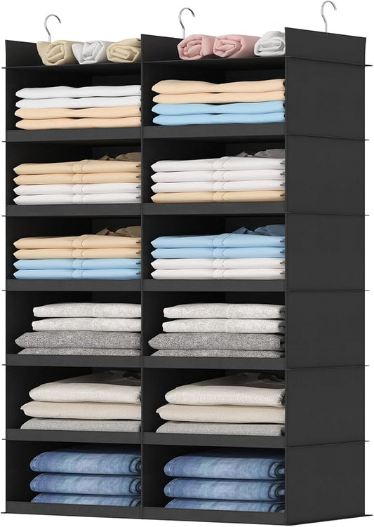 Lifewit Dual-Row Shelf Hanging Closet Organizer and Storage, Clothes Shelves with 3 Sturdy Hooks for Clothing Organization, Foldable Container Hold Up to 36 Sweaters, 6 Tier 12 Sections, Black