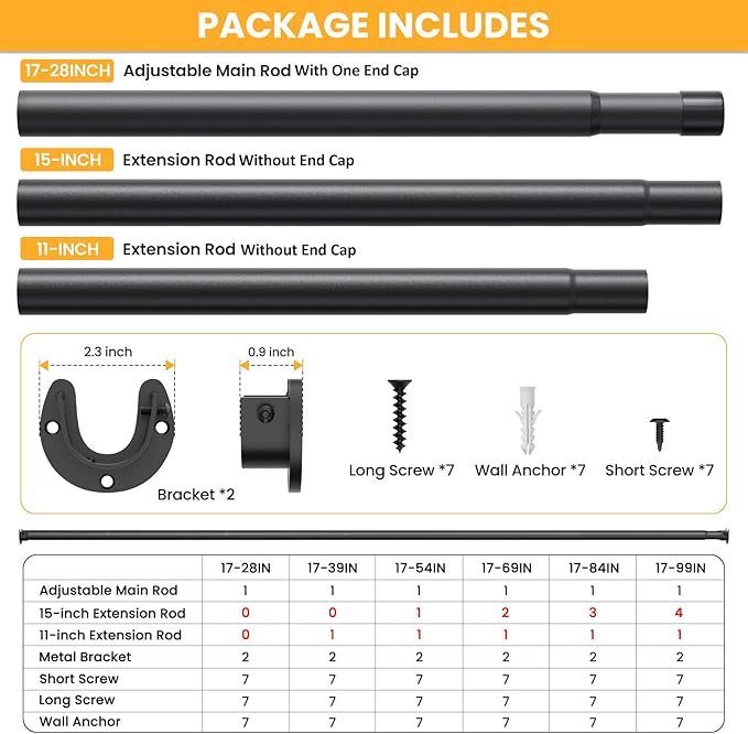 2 Pack Closet Rods for Hanging Clothes, 17-39 Inch No-Cut Stepless Adjustable Closet Rod, 1.3 Inch Heavy Duty Metal Closet Hanging Rod with Brackets, Closet Bar for Closet, Laundry Room, RV, Wardrobes