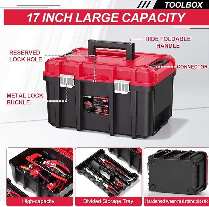 3-in-1 Rolling Tool Box with Wheels,Stackable Modular Tool Organizer System,17" Portable Waterproof Toolbox on Wheels for Garage,Mechanics and Home Repair (Red-Black)