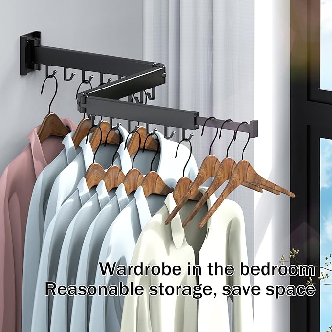 HEILAIYI Clothes Drying Rack for Laundry,Wall Mounted Clothes Hanger Rack,Folding,Retractable,Collapsible(J Shape Hooks)