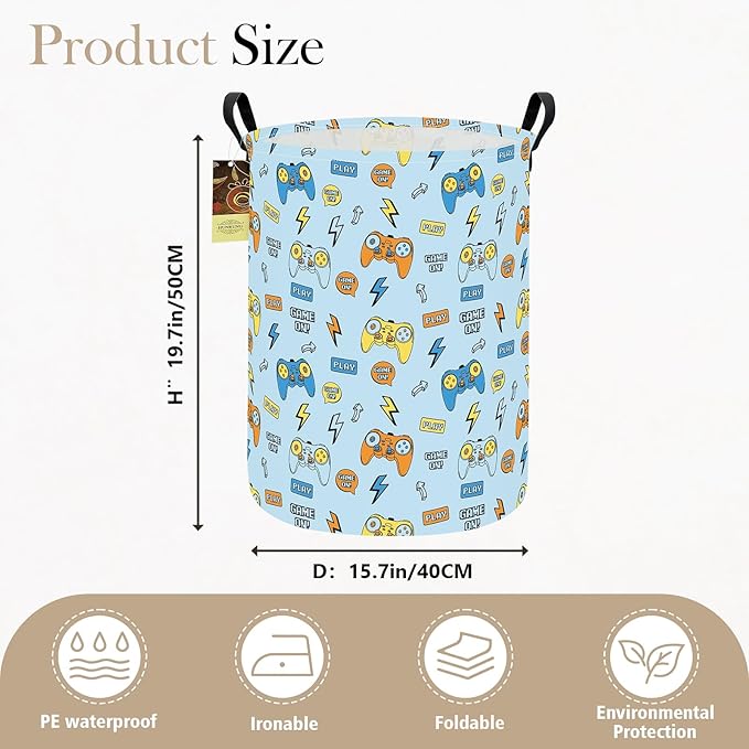 HUNRUNG Collapsible Fabric Storage Basket, Waterproof Laundry Hamper with Handles, Round Storage Bin for Clothes Toys, Foldable Organizer for Bedroom Nursery Bathroom(Round-Color Game)