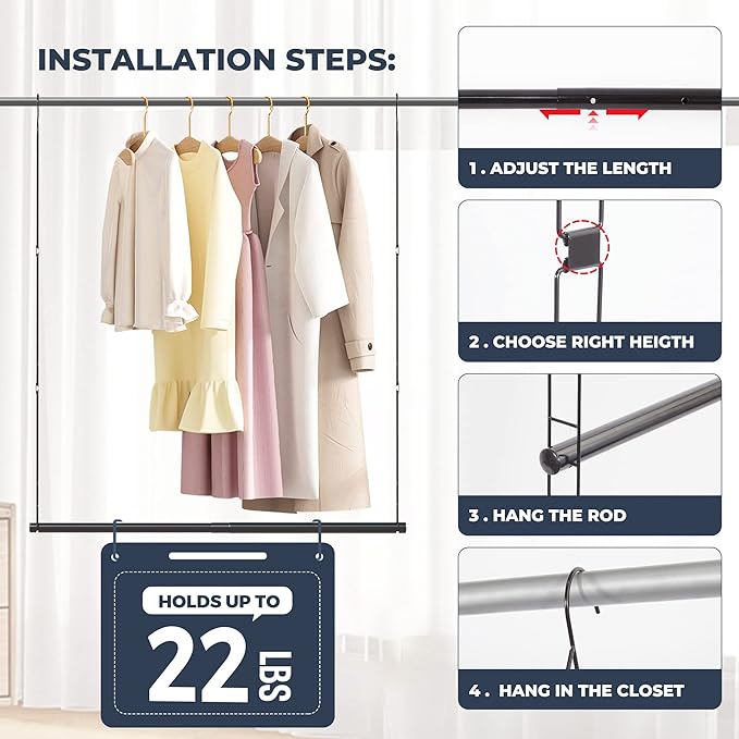 STO STO 2 Pack Closet Hanging Rod, Length and Height Adjustable Closet Rod, Space Saving Metal Closet Extender Hanging Bar for Hanging Clothes, Closet, Black