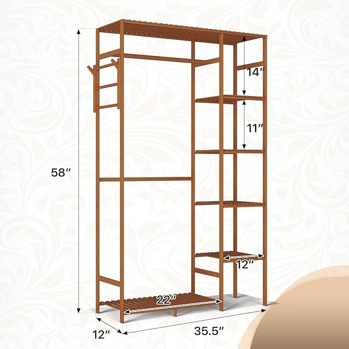 Athena Collection 35" Bamboo Garment Rack Multi Tier Clothes Rack Storage Shelves with Side Hooks & Pants Rack, Heavy Duty Clothing Hanging Rack Freestanding Indoor Wardrobe Closet Organizer, Brown