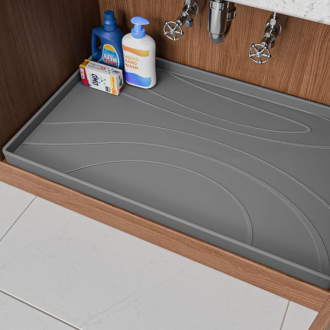 Under Sink Mat 31" x 22", Silicone Under Sink Liner for Kitchen and Bathroom, Waterproof Cabinet Protector Drip Tray, Protects Cabinets from Leaks and Spills