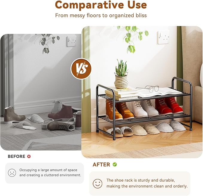 2 Tier Shoe Rack, Closet Metal 27 Inch Shoe Shelf Organizer for Entryway, Garage, Stackable, Black