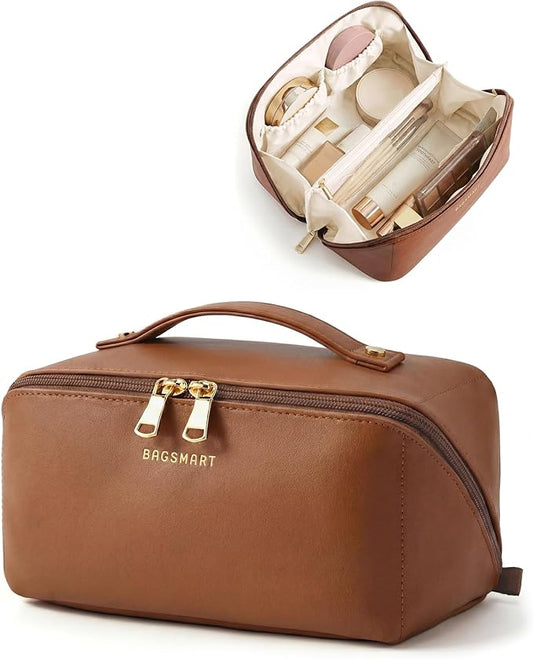 BAGSMART Makeup Bag Travel Cosmetic Bag, Large Make Up Bag Flat Open Toiletry Bag for Women, PU Leather Travel Essentials Organizer Case, Wide-open Pouch Purse for Skincare, Brushes, Coffee Brown