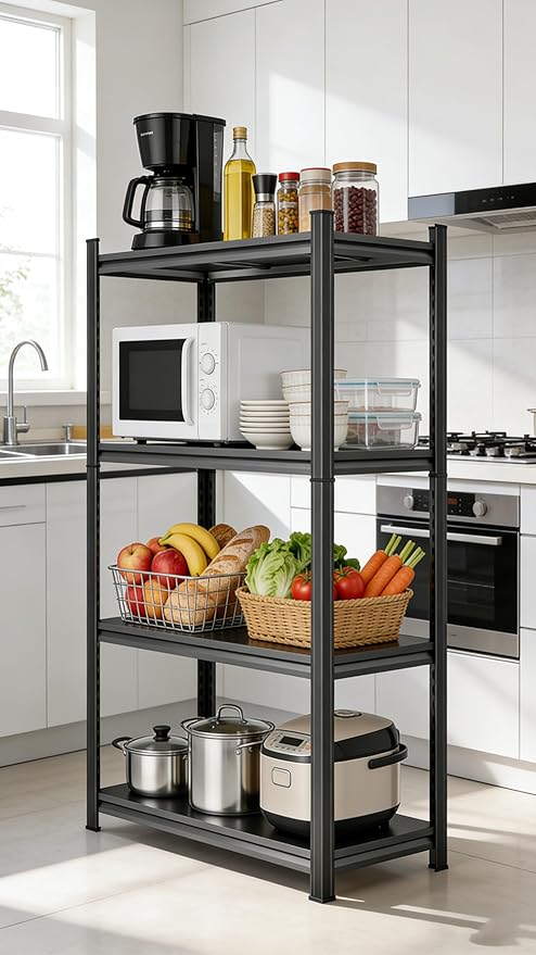 4 Tier Storage Shelves Small Shelves Metal Shelf Organizer Unit Adjustable Steel Shelving for Shop, Warehouse, Basement, Kitchen, Bedroom, Garage, Black, 34" W X 12" L X 54" H