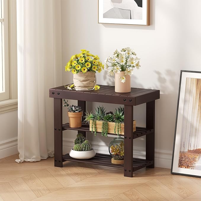 Sweetcrispy Shoe Rack Bench, 3-Tier Bamboo Entryway Storage Organizer, 286lb Capacity, Shoes Stand for FrontDoor Entrance, Bedroom, Living Room, Bathroom, Balcony, 19 Inches Length, Brown