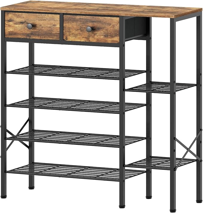 YATINEY 6-Tier Shoe Rack for Entryway, Freestanding Shoe Shelf with 2 Drawers and Tabletop, Metal Shoe Organizer for Closet, Entryway Shoe Storage Holds 26 Pairs, Rustic Brown and Black SS13BR