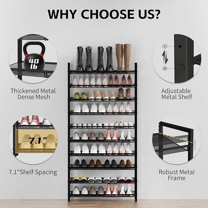 Shoe Rack, 10-Tier Metal Shoe Organizer, Tall Shoe Rack for Closet,entryway,Garage, with Adjustable Flat or Angled Shelves, 42-50 Pairs,Shoes that can accommodate The Whole Family.