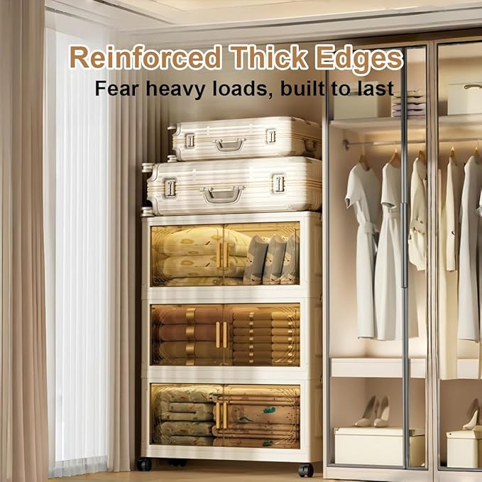 3-Tier Stackable Storage Bins with Wheels & Magnetic Doors, Foldable Collapsible Organizer Cabinet with Lids, 40 QT Arc-Design Clear Storage Boxes for Bedroom, Kitchen, Office, Dorm
