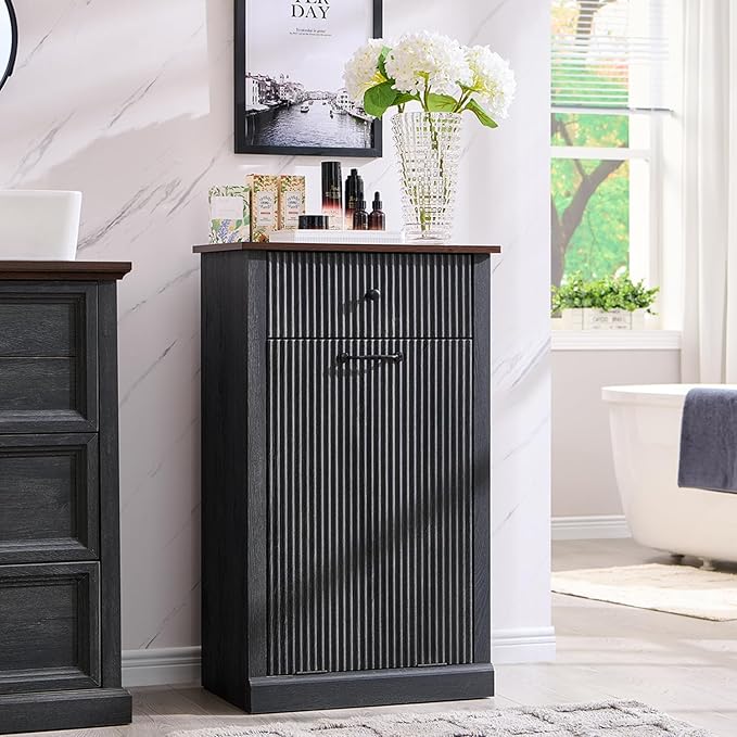 IFBUY Modern Tilt-Out Laundry Hamper Cabinet, 10 Gallon Fluted Trash Can Cabinet with Drawer, Wooden Hidden Garbage Can Cabinets with Laundry Basket, Free Standing for Bathroom and Kitchen, Grey