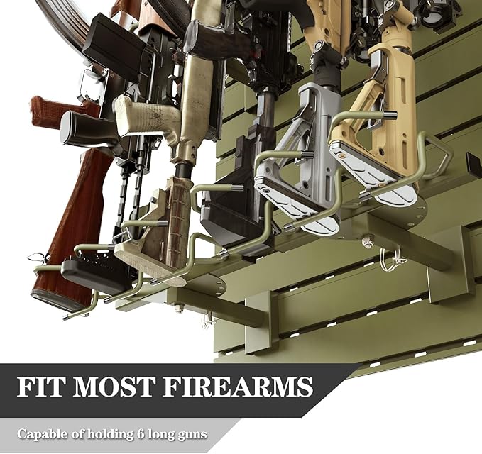 Wall Rack System - Aluminium Heavy-Duty Tactical Storage for Rifles, Carbines, Shotguns & Handguns, Modular Slatwall Organizer Holds up to 6 Rifles, 10 Pistols & 4 Mags