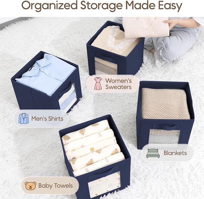 Homsorout Storage Cube 11 Inch - Cube Storage Bins with Window, Closet Storage Baskets with Handle, Fabric Bins for Closet, Shelves, Toys, Clothes, Set of 6, Navy Blue
