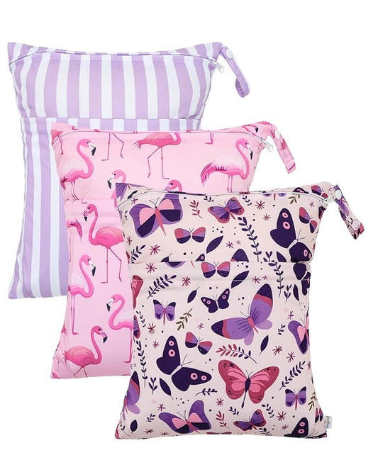 babygoal Wet Dry Bags 3 Pack, Waterproof Travel Bags for Swimsuits, Beach, Pool, Gym,Food Storage and Wet Clothes(Butterfly,Flamingo,Stripe),3LN44-B