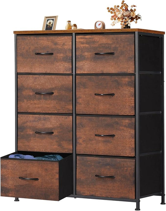 OLIXIS Dresser for Bedroom, 8 Storage Drawers, Tall Large Fabric Storage Tower Organizer, Chest of Drawers with Metal Frame Wooden Top for Nursery, Closet, Living Room, Entryway, Classic Rust Brown