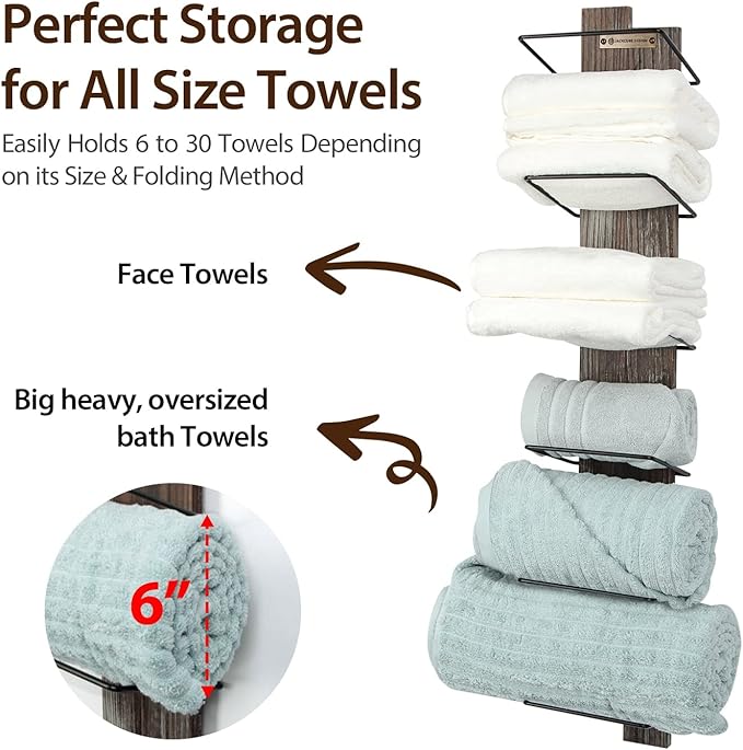 J JACKCUBE DESIGN Wall Mount Rustic Wood and Metal Towel Rack 6 Tier Shelf Holder for Shower & Hand Towels for Bathroom Hanging Storage Multi-Rack - MK594A