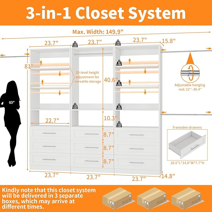 Closet System with 3 Sets, 6–16 FT Closet System with 9 Drawers, 9 Shelves & 4 Adjustable Hanging Rods, Max 189.3" Closet Organizer Systems for Walk-in Closets, Modular Custom Closet Tower, White