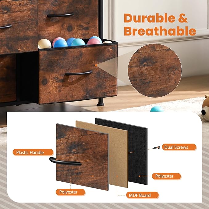 Sweetcrispy Dresser for Bedroom, Fabric Dresser with 10 Drawers, Chest of Drawers for Closet, Living Room, Sturdy Steel Frame, Wooden Top, Easy Pull Handle, Brown
