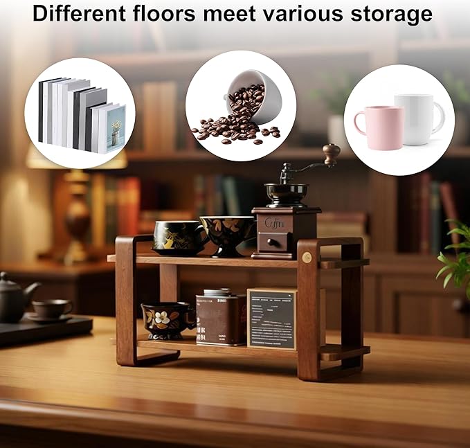 Coffee Station Organizer for Kitchen Countertop Mug Holder 2 Tier Wooden Cup Organizer Stand Shelf