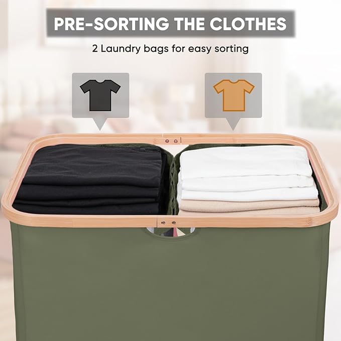 BALEINE Laundry Hamper with Lid, Tall Laundry Baskets with Bamboo Pull Handles, Large Laundry Bin with Internal Support (36 Gal/140L, Green)