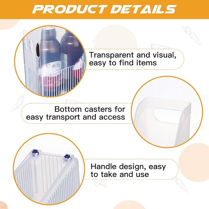 Beeveer 4 Pcs Plastic Freezer Organizer Bins with Wheel Tall Narrow Kitchen Pantry Organizer Snack Storage Containers for Office Refrigerator(10 x 13.3 x 3.5 Inch)