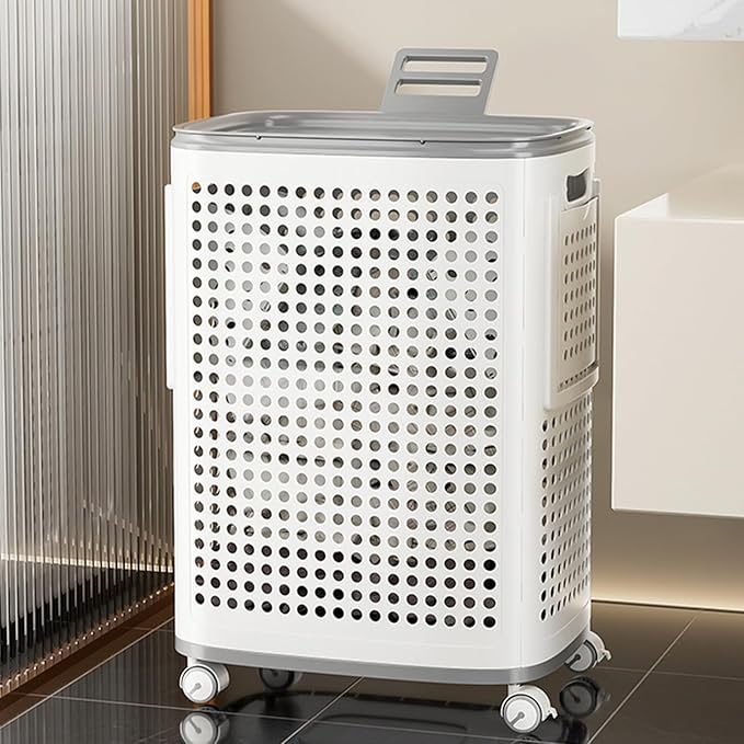 Plastic Laundry Basket with Lid and Wheels, Clothes Hamper with Side Compartments and Brakes, Portable Laundry Hamper on Wheels for Easy Mobility for Bathroom and Bedroom