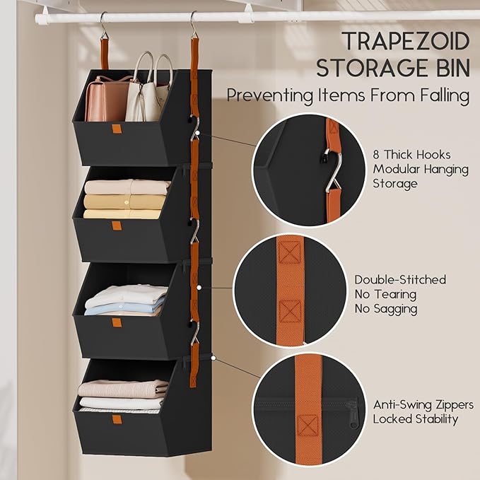 Homsorout Hanging Closet Organizer 4 Tier - Clothes Hanging Shelves, Space-Saving Closet System, Fabric Storage Bins Bedroom Organization, Collapsible Baskets for Home, Dorm, Rv, Black, 8 Pack