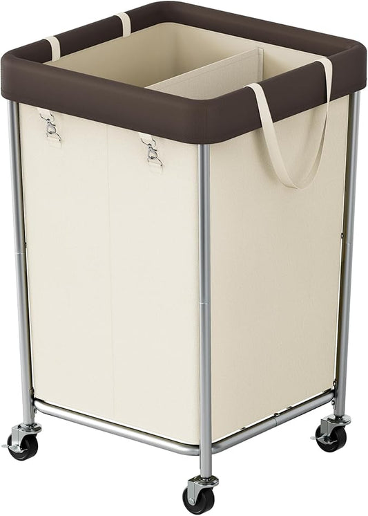Chrislley 160L Laundry Hamper with Wheels, 2 Section Large Laundry Basket with Removable Bag, Steel Frame Dirty Clothes Hamper, Rolling Laundry Cart for Bedroom, Bathroom, Dorm, Hotel, Beige