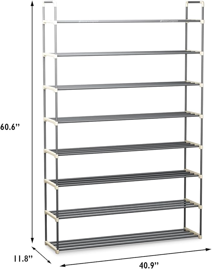 Home-Complete Shoe Rack - 8-Tier Shoe Organizer for Closet, Bathroom, Entryway - Shelf Holds 40 Pairs Sneakers, Heels, Boots (Gray)