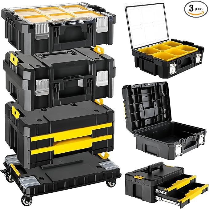 TLGREEN Stackable Rolling Tool Box with Wheels – 3 Tier Modular Tool Organizer System, Portable Tool Box with Drawers for Garage Storage, Home Repairs & Professional Workshop
