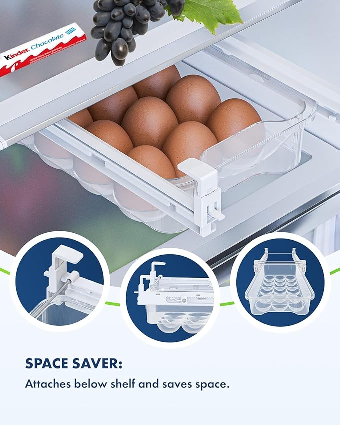TidyFriend 2 Pack Refrigerator Egg Drawer 14"x7.5"x3.95" – Snap-On Egg Holder with Pull-Out Drawer, Holds 18 Eggs, Fits Flat Fridge Shelves 14.1–16.3 in Long and 0.93–1.32 in Thick