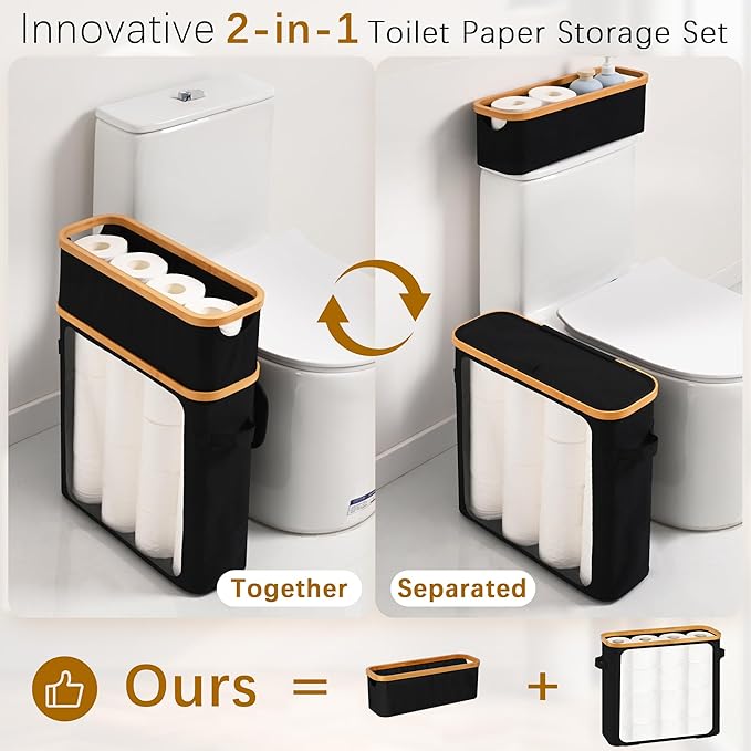 Livole 2-in-1 Toilet Paper Storage with Lid Toilet Paper Basket- 20 Regular Rolls or 15 Mega Rolls Extra Large Toilet Paper Organizer for Bathroom, Black