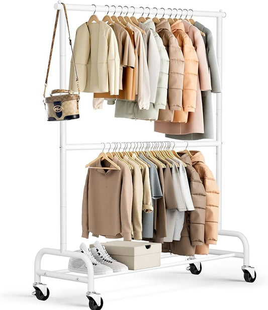 MISSLO Heavy Duty Clothing Racks for Hanging Clothes Rack Double Rod Garment Rack Rolling Closet Wardrobe Rack on Wheels, Metal, Adjustable, White