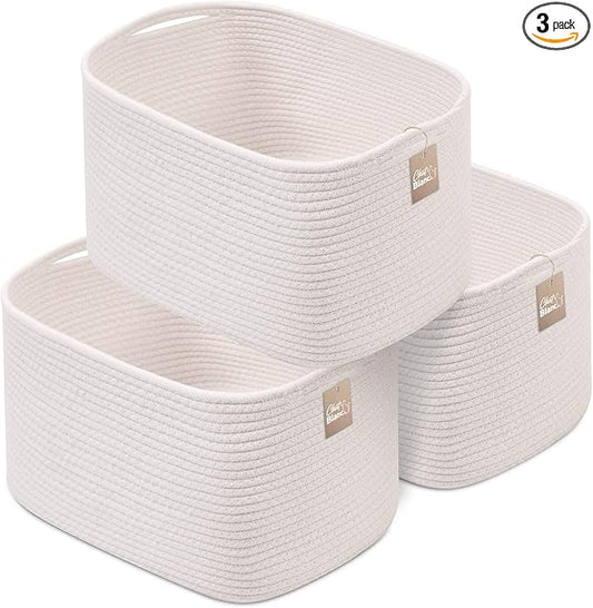 CHAT BLANC Cotton Rope Baskets for Organizing, Shelves, Toys, Storage, Shoe, Bathroom, Laundry, Towel, Nursery, Home Decor, Blanket, Cloth Woven Bins Fabric (Creamy White, 15"x10"x9")