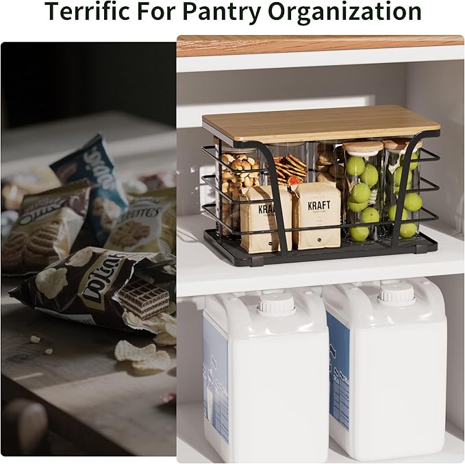 TIDIIABODE Pantry Organizers and Storage - Stackable Wire Basket with Lightweight PP Mat & Bamboo Top for Fruits Vegetables,Fruit Holder for Kitchen Countertop,Black