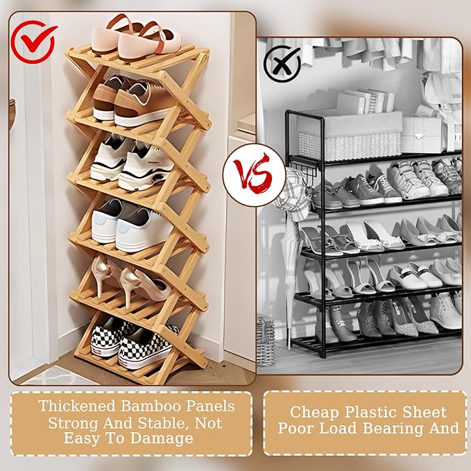 6 Tier Natural Bamboo Shoe Rack,Foldable Space Saving Shoe Storage Organizer,Easy Assembly & Strong Design Shoes Stand Shelf Organiser for Closet (Primary Color, Six Layers)
