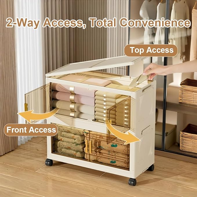 4-Tier Stackable Storage Bins with Wheels & Magnetic Doors, Foldable Collapsible Organizer Cabinet with Lids, 40 QT Arc-Design Clear Storage Boxes for Bedroom, Kitchen, Office, Dorm