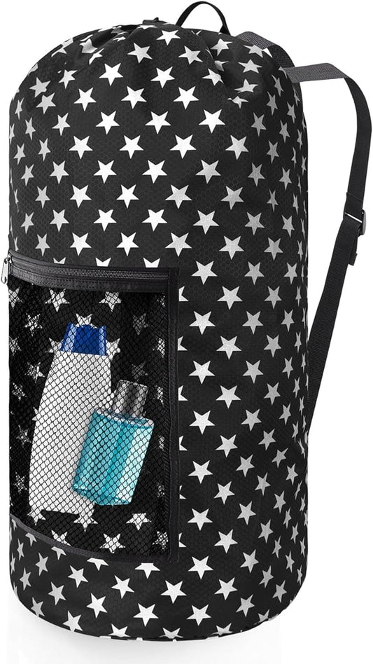 Laundry Bag Backpack, Extra Large Travel Laundry Bag with Mesh Pocket & Adjustable Shoulder Straps,Dirty Clothes Travel Bag for College Students Dorm,Apartment(Star Shape)