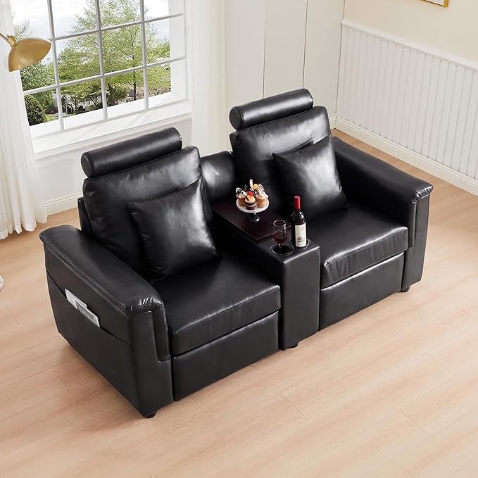 LEVNARY 2-Seater Modular Reclining Sofa with Center Console, Upholstered Faux Leather Power Recliner Loveseat with Cup Holders, USB Charging, Side Pockets & 2 Pillows, Living Room Furniture (Black)