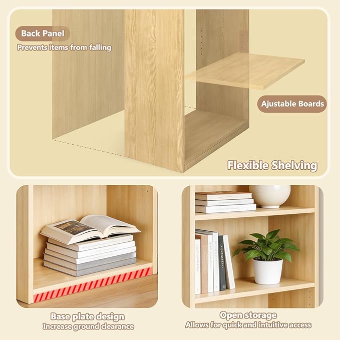 CTESNE【2026 Adjustable Shelves 5-Tier Bookcase, 71 inches, Wooden Open Display Floor Bookshelf (Oak Color)
