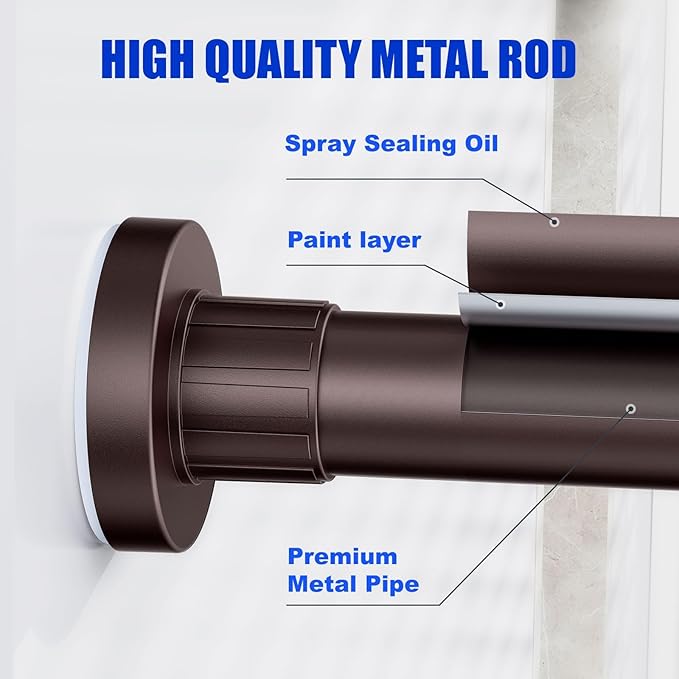 Ausemku Shower Curtain Rod 32-50 Inch Adjustable - 1 Inch Diameter Heavy Duty No drill Spring Tension Shower Rod, Non-Slip Rustproof Telescopic Rod for Bathroom, Brown
