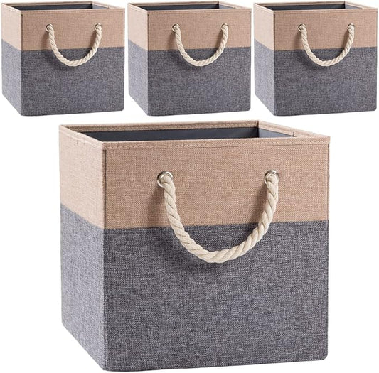 PRANDOM Large Foldable Cube Storage Bins 11x11 inch [4-Pack] Fabric Linen Storage Baskets Cubes Drawer with Cotton Handles Organizer for Shelves Nursery Closet Bedroom Khaki