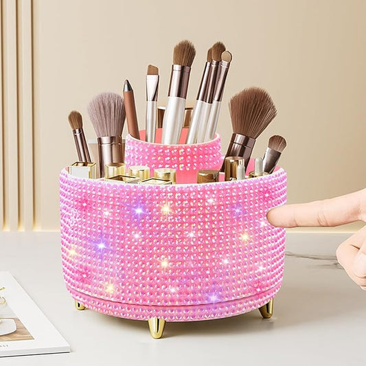 Diesisa Bling Diamond 360° Makeup Brush Holder Organizer, Rotating Makeup Brush Organizer,5 Slot Make up Brushes Cup for Cosmetics, Vanity Desktop Organizer, Gift for Women Teen Girls- Diamond Pink